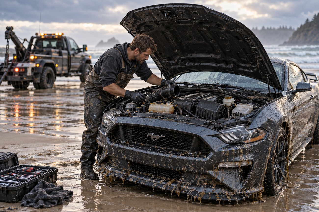 A man in overalls inspecting the muddy engine of a Ford Mustang stuck on a wet sandy beach with a tow truck nearby