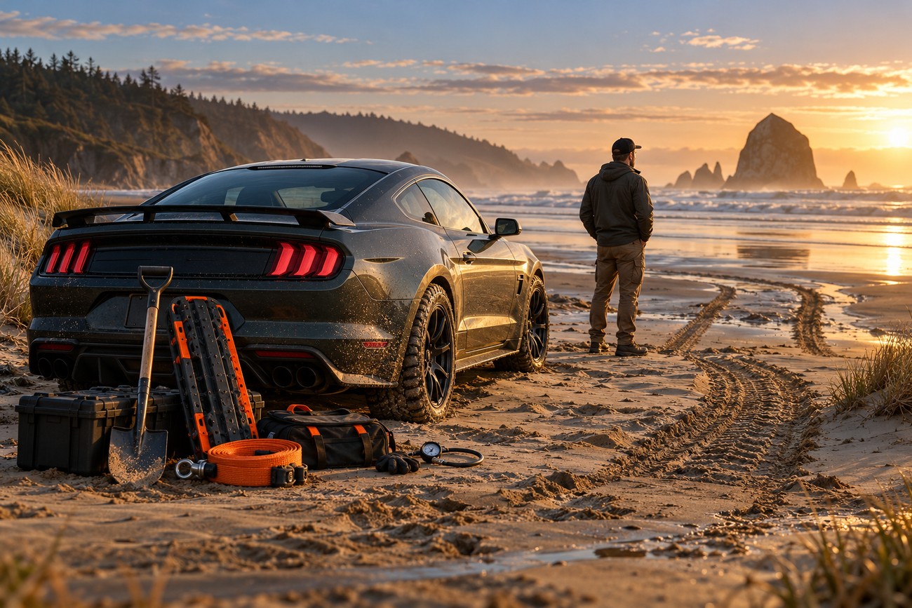 A dark Ford Mustang stranded on a wet sandy beach at sunset with recovery tracks and a shovel nearby as a man looks at the ocean