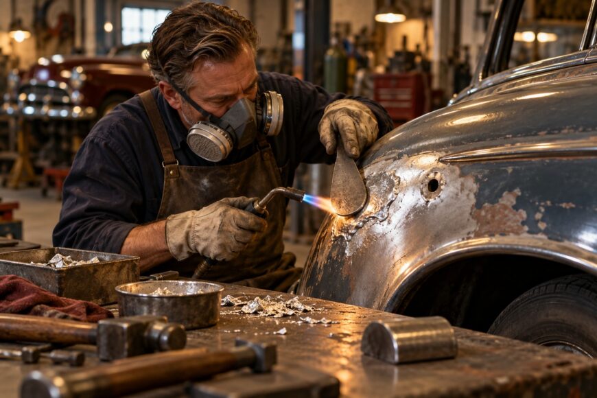 A mechanic wearing a respirator and protective gloves applies lead solder to a classic car body panel with a torch and paddle