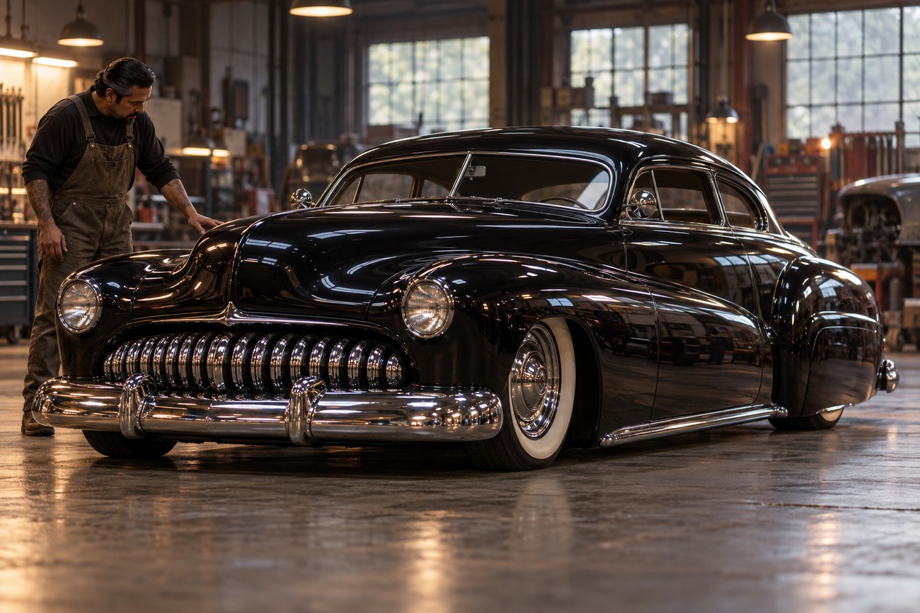 A mechanic in overalls inspects the smooth black body of a vintage custom car parked inside a workshop