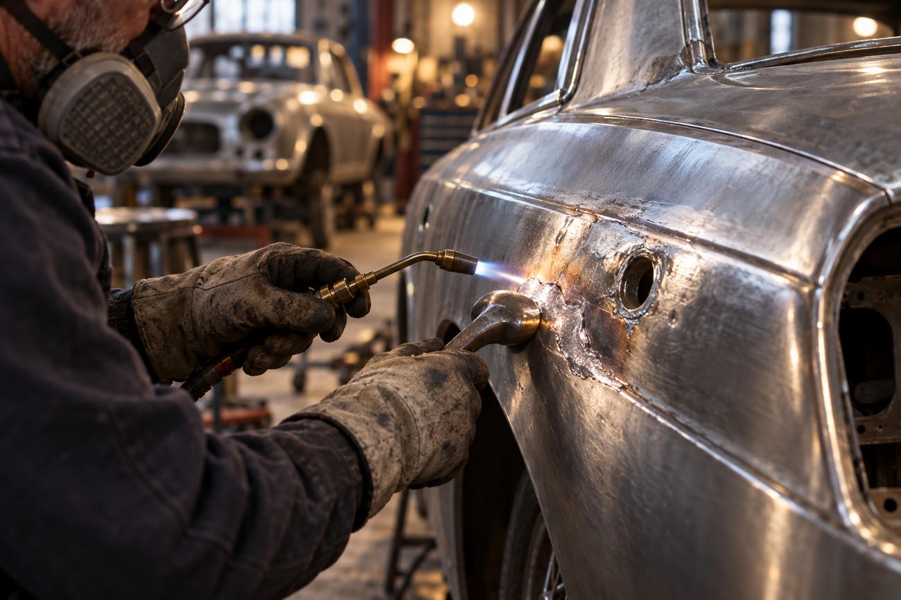 A technician wearing a respirator and gloves uses a torch to melt lead solder onto a classic car body panel