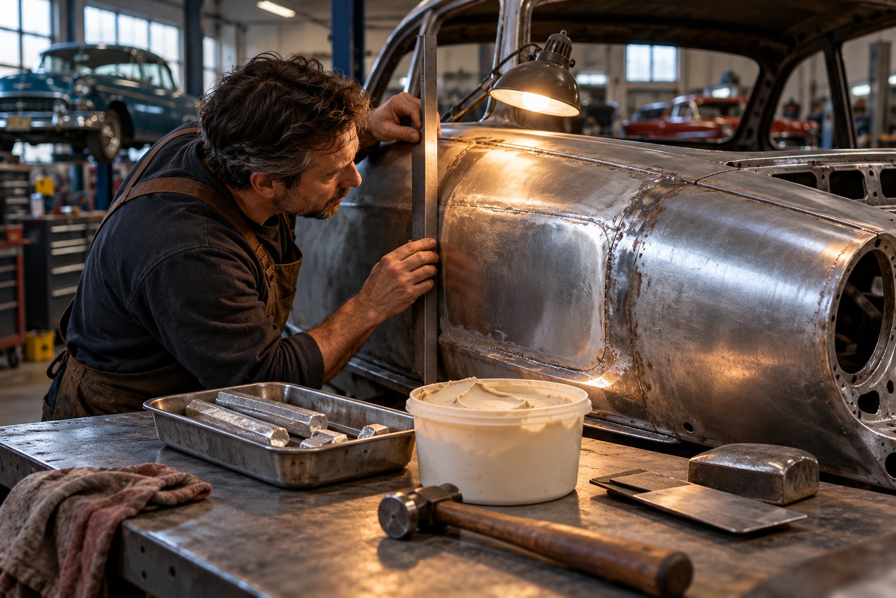 A craftsman checks the alignment of a classic car body panel with a straightedge next to lead solder and flux on a workbench