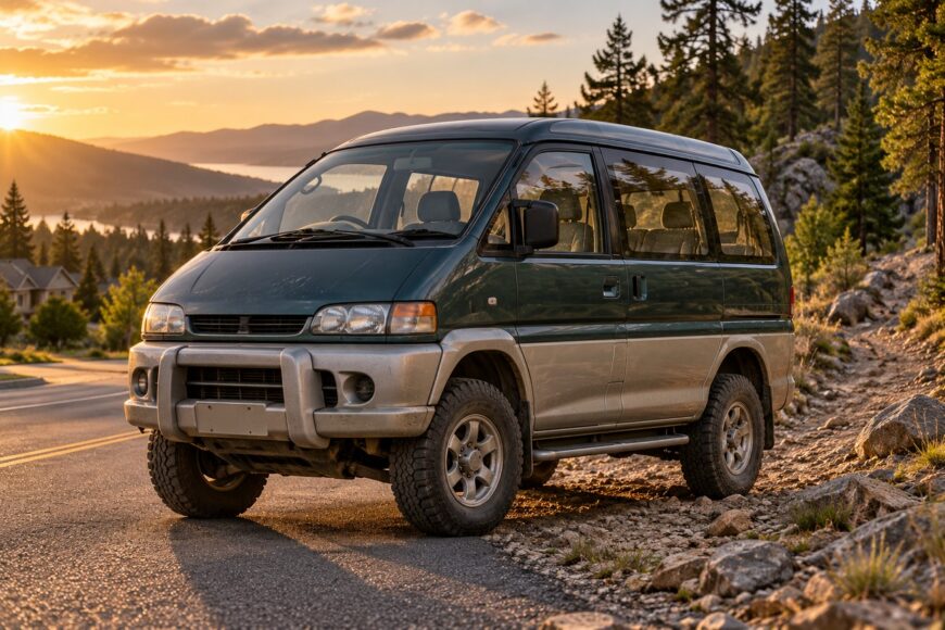 A dark green and silver Mitsubishi Delica 4WD van parked on a rocky mountain roadside at sunset