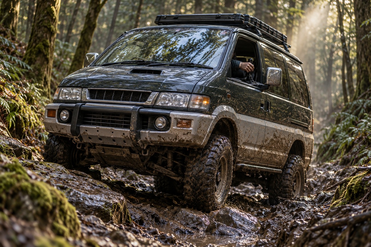 A muddy Mitsubishi Delica 4WD van driving over rocks and mud on a forest trail