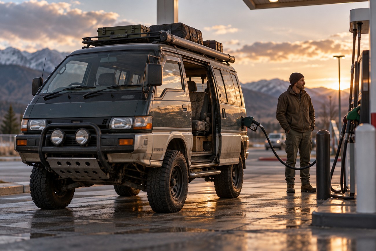 An off-road outfitted Mitsubishi Delica 4WD van refuelng at a gas station during sunset with mountains in the background