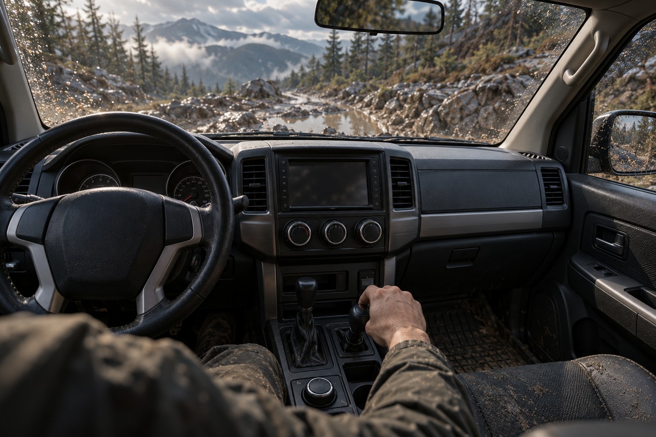 Driver shifting gears inside the cockpit of a Mitsubishi Delica 4WD on a rugged mountain off-road trail