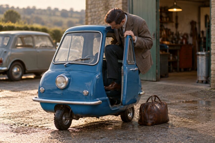A man in a tweed jacket getting into the tiny blue Peel P50 microcar outdoors