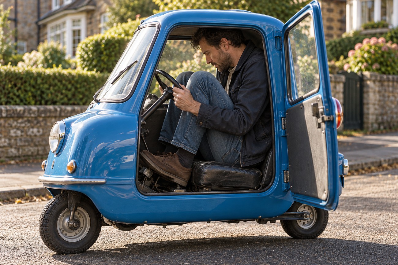 A man squeezed inside the tiny cabin of a bright blue Peel P50 microcar with the door open on a sunny street
