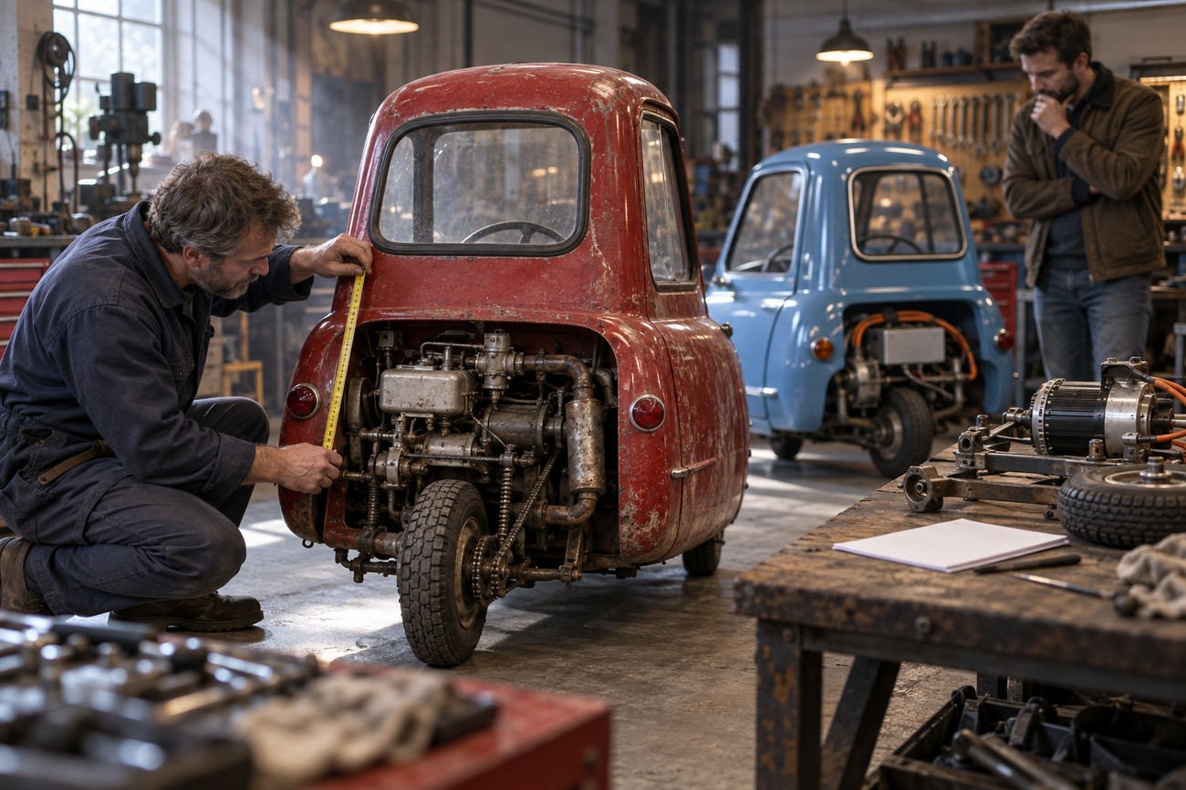 A mechanic measures the rear of a red Peel P50 microcar inside a workshop with another car and person in the background