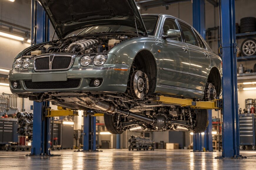 Green Rover 75 V8 raised on a hydraulic car lift in a workshop showing its rear-wheel drive chassis and open hood