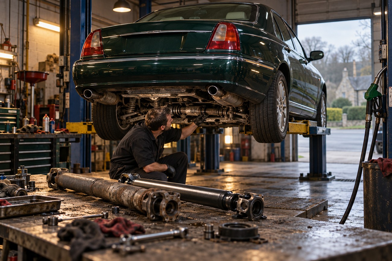 A mechanic working underneath a dark green Rover 75 V8 lifted on a hydraulic hoist in a garage