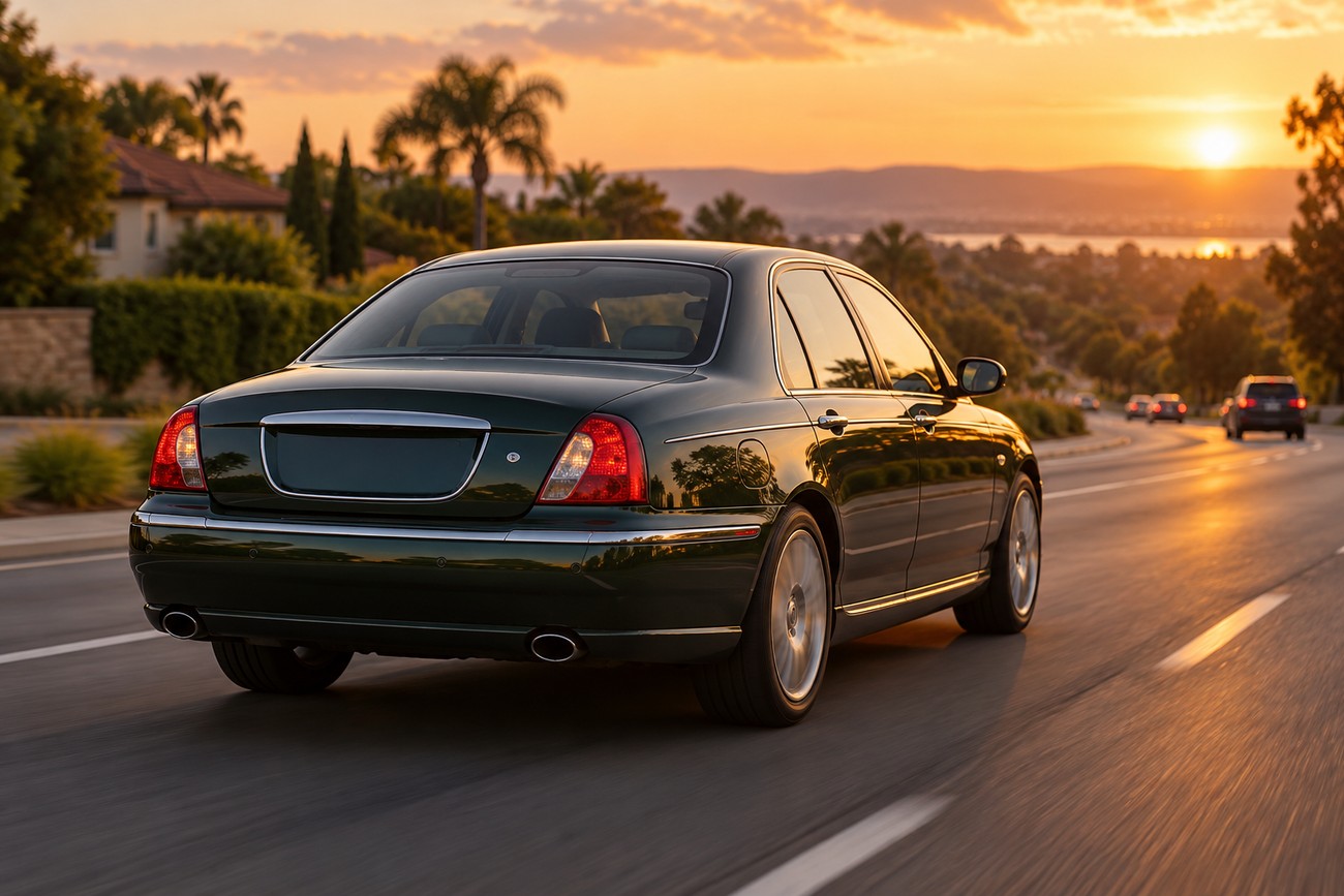 Dark green Rover 75 V8 sedan driving along a scenic road during sunset with warm light reflecting on its body