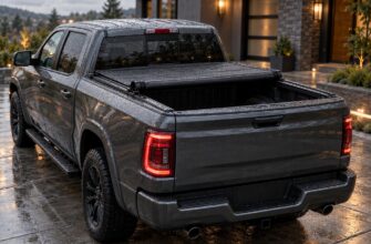 Dark gray pickup truck with a roll-up tonneau cover parked in a wet driveway at night
