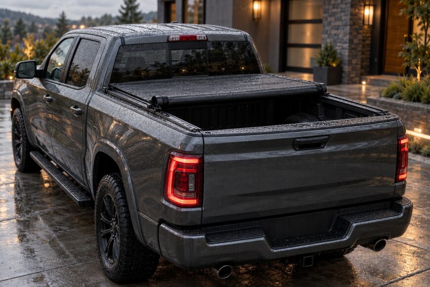 Dark gray pickup truck with a roll-up tonneau cover parked in a wet driveway at night