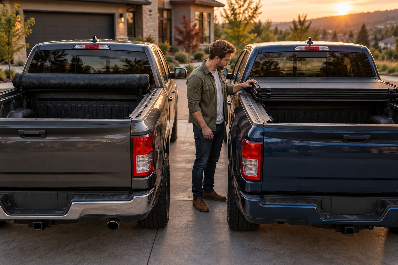 A man standing between two pickup trucks in a driveway inspecting different types of tonneau covers