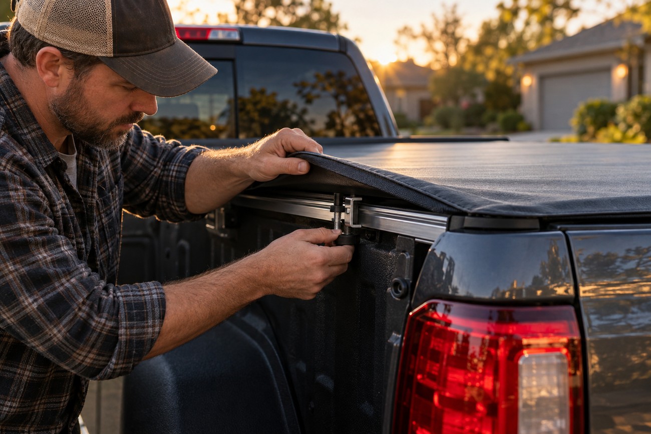 A man in a cap installing a black tonneau cover on the bed of his pickup truck