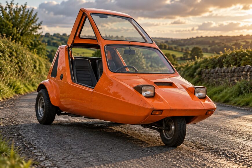 Bright orange Bond Bug wedge-shaped three-wheeler parked on a winding country road with its canopy open at sunset