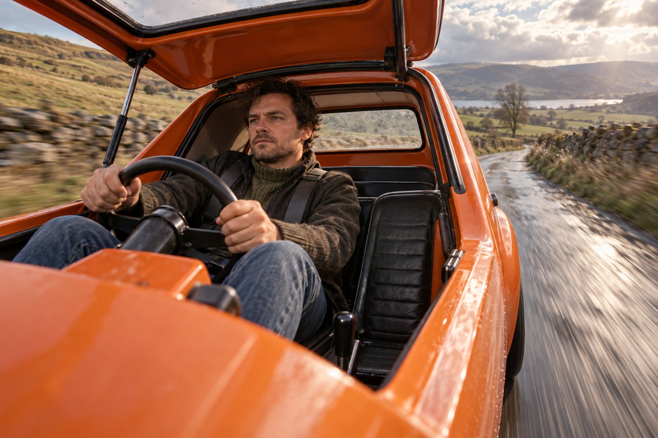 A man driving an orange wedge-shaped Bond Bug three-wheeler car along a scenic country road