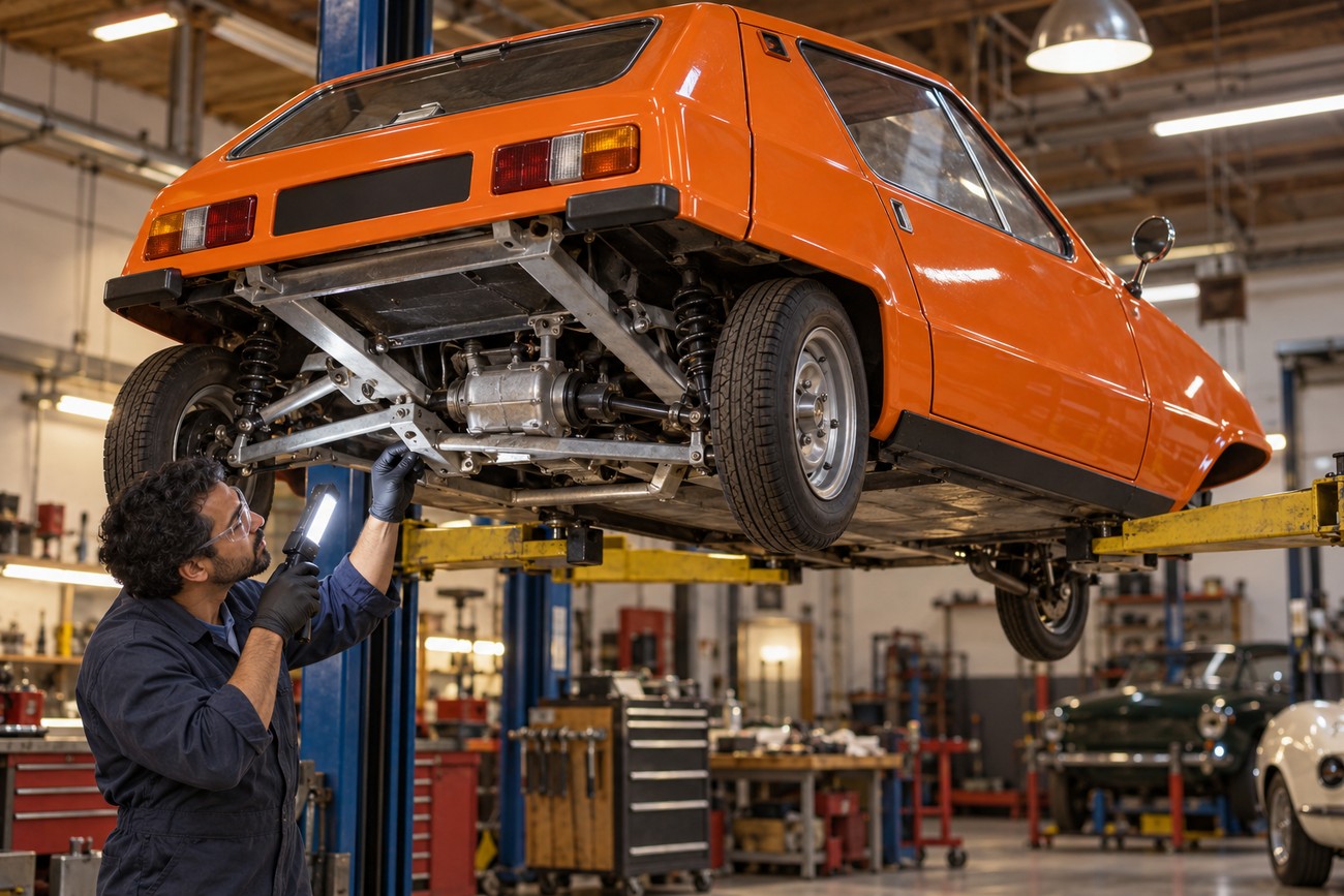 A mechanic wearing gloves inspects the chassis and suspension of an orange Bond Bug lifted on a hoist in a repair shop