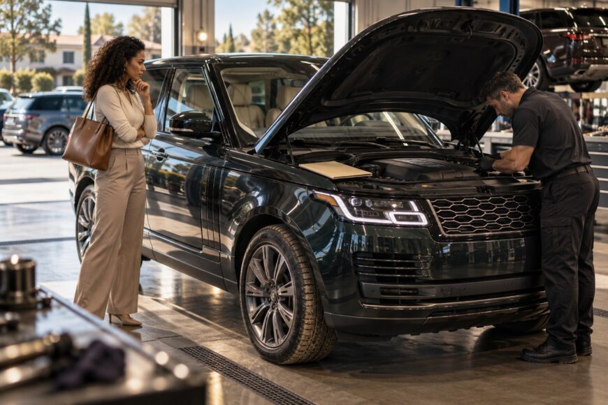 A woman stands and watches as a mechanic inspects the open engine bay of a dark luxury Range Rover in a modern auto repair shop
