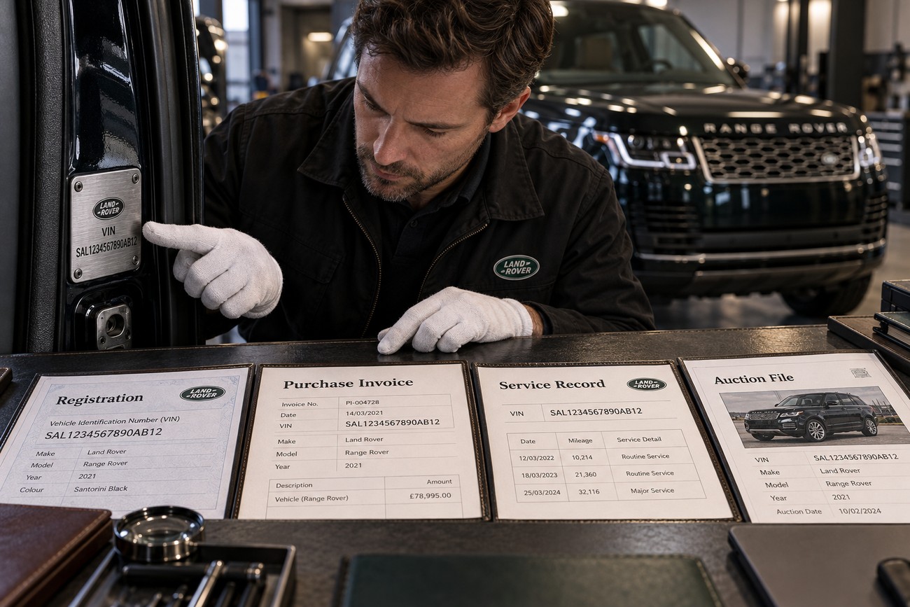 A specialist in white gloves checks the VIN plate and paperwork of a used Range Rover in a showroom