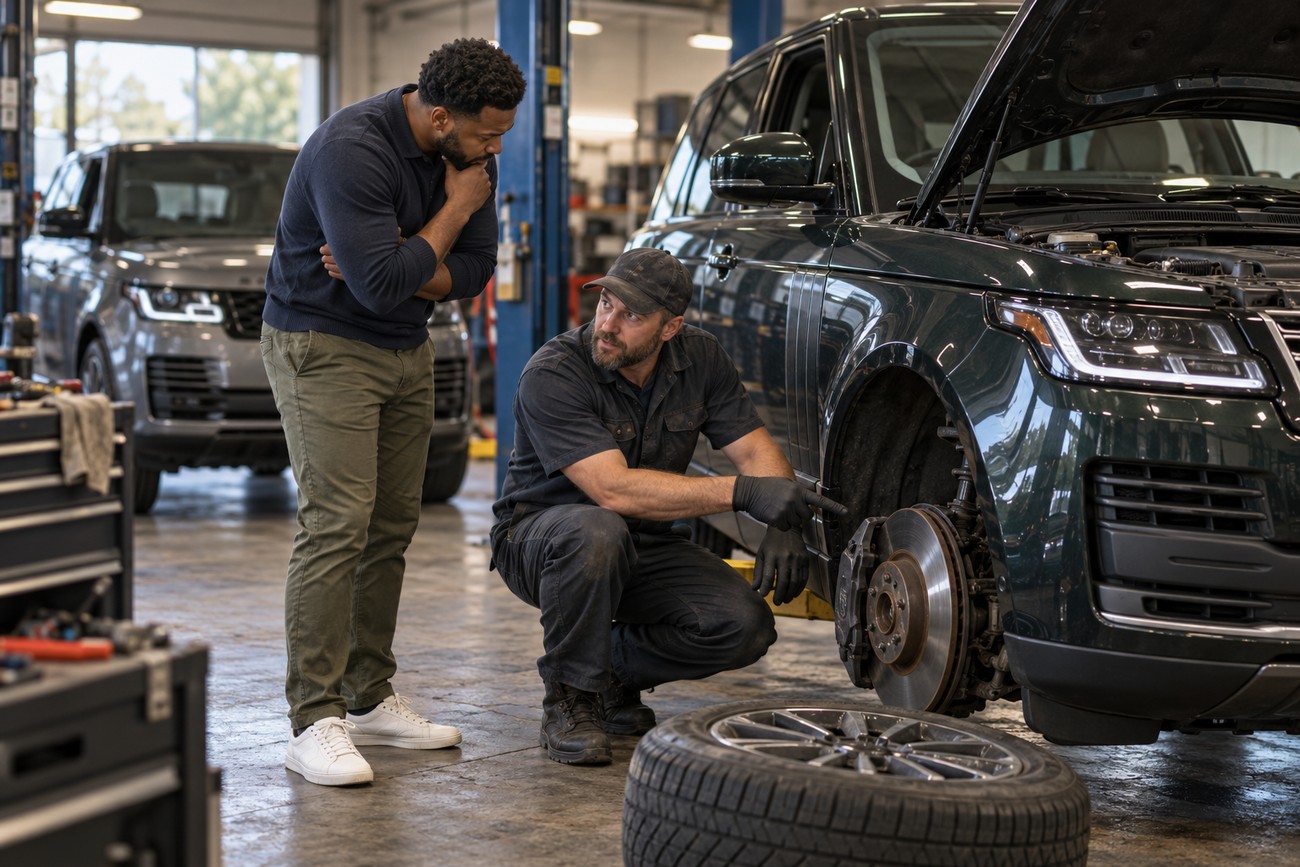 A mechanic pointing at the brake assembly of a luxury SUV while explaining the vehicle condition to a customer in a garage