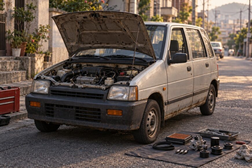 A vintage white Daewoo Tico parked on a street with its hood open and various car parts laid out on a mat in front