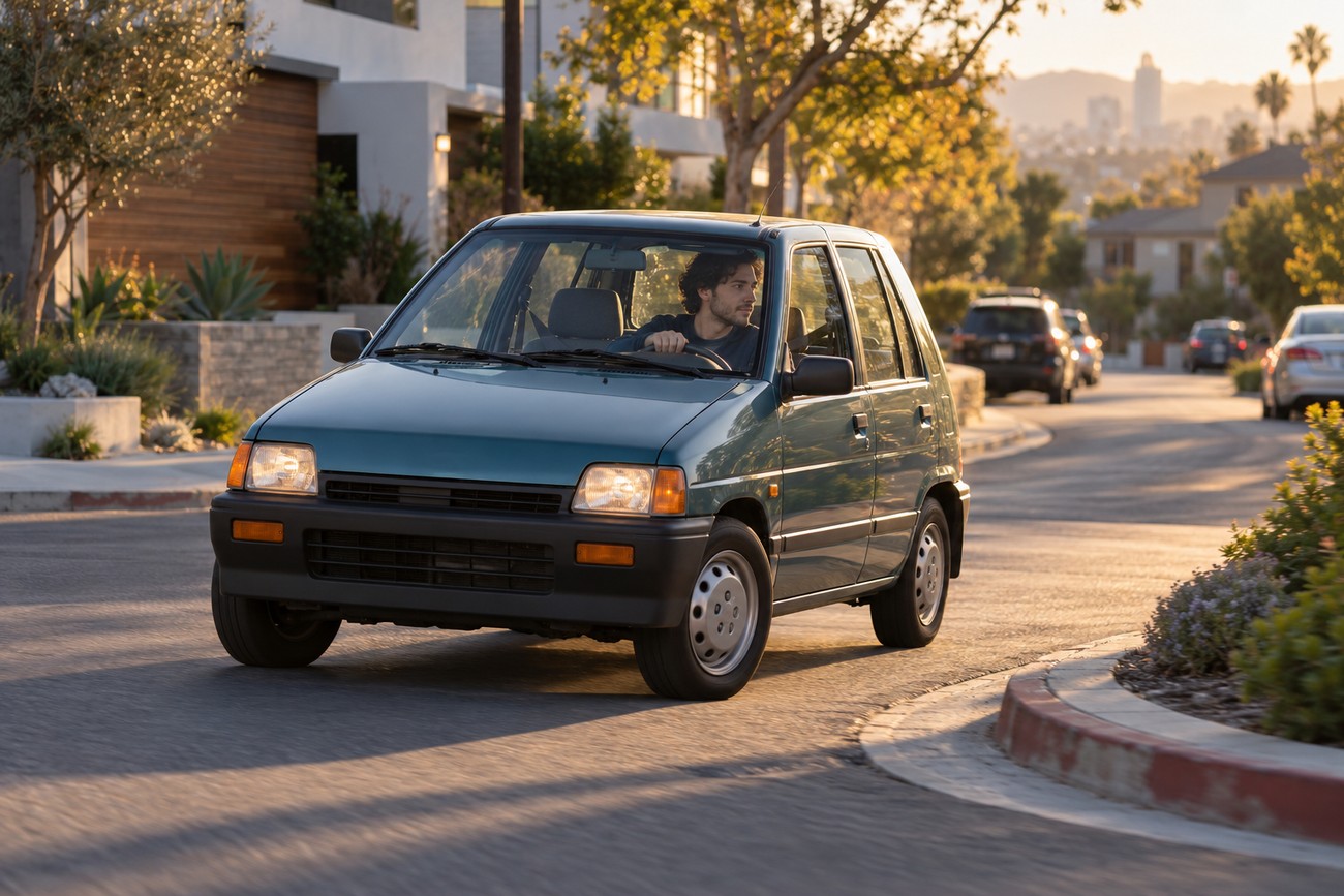 A dark teal Daewoo Tico hatchback driving on a sunny suburban street with a driver inside
