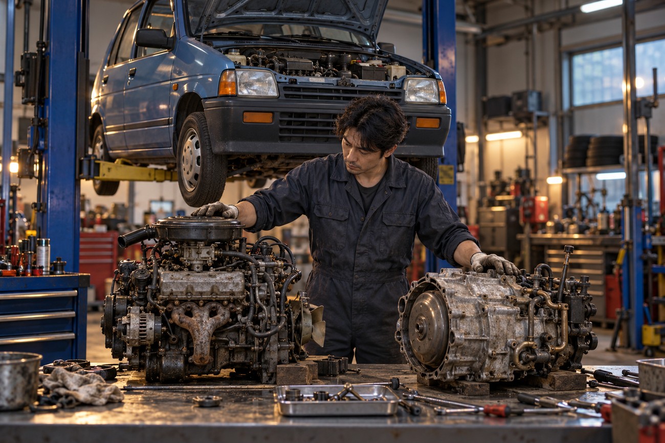 A mechanic in blue overalls works on a Daewoo Tico engine and transmission on a workbench inside a car repair shop with a lifted Daewoo Tico in the background