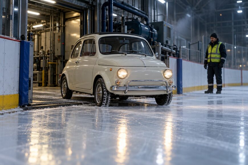 A vintage white Fiat 500 driving onto an indoor ice rink with illuminated headlights near a rink worker