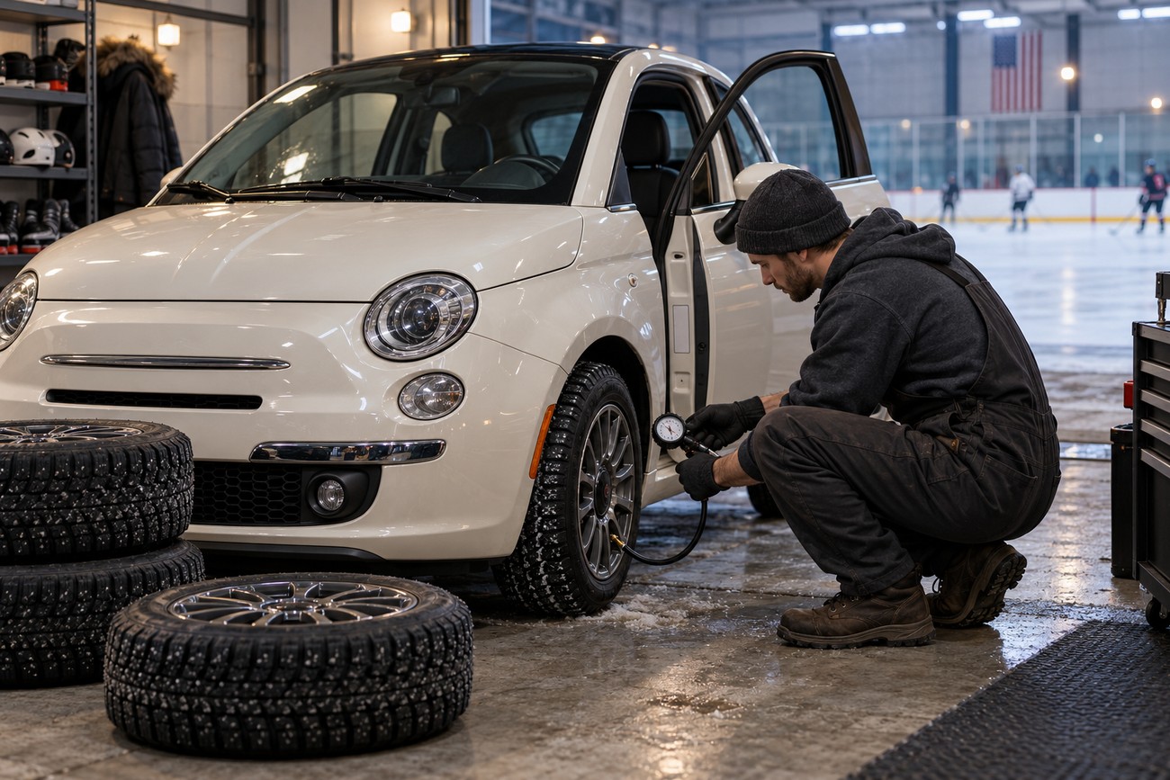 Mechanic in overalls checking the tire pressure of a white Fiat 500 parked by an ice rink
