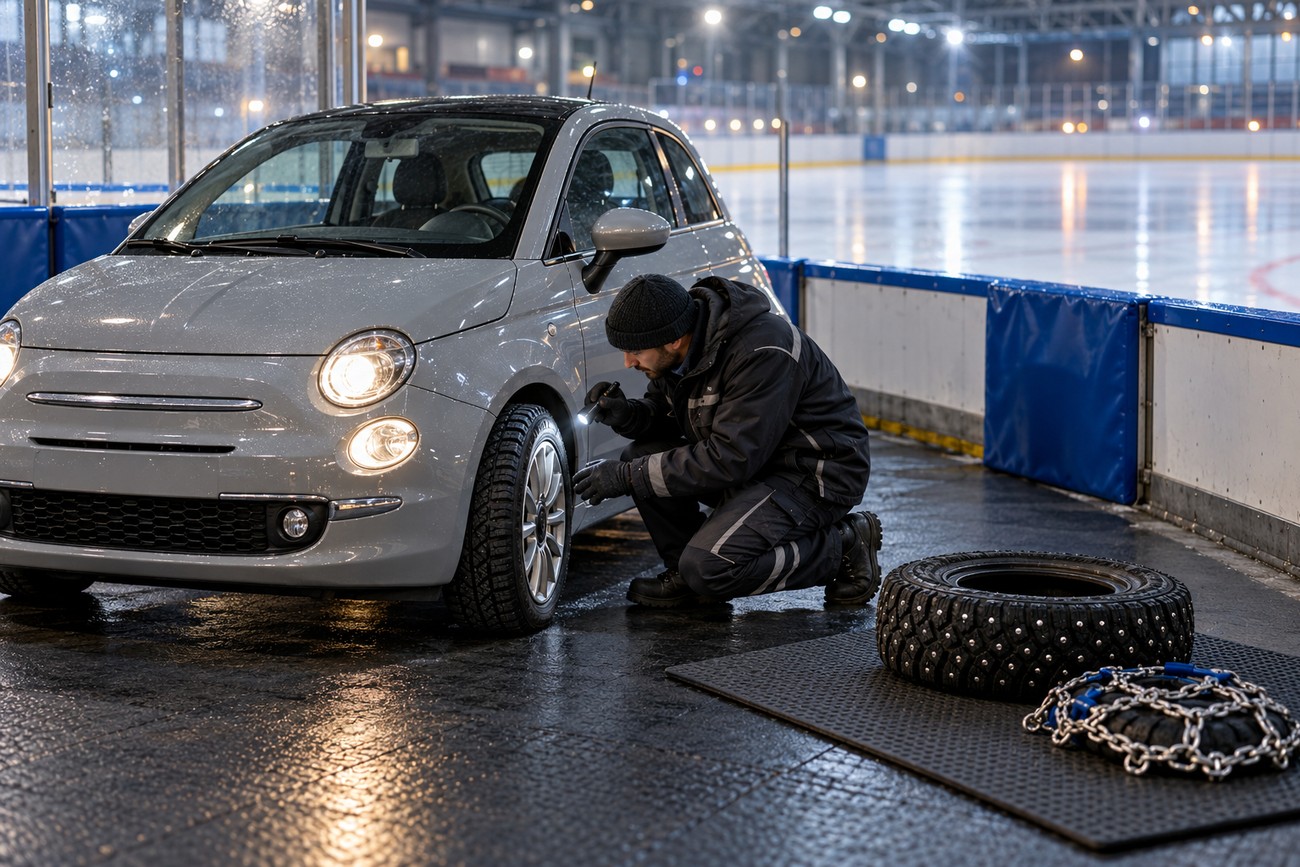 A mechanic kneels beside a gray Fiat 500 inspecting its winter tire near an ice rink