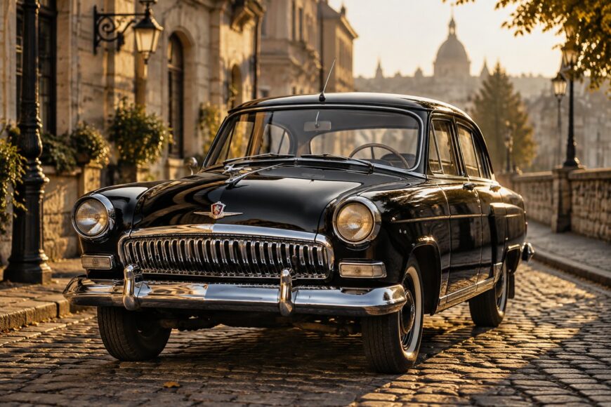 A vintage black GAZ-21 Volga parked on a historic cobblestone street with classic buildings in the background
