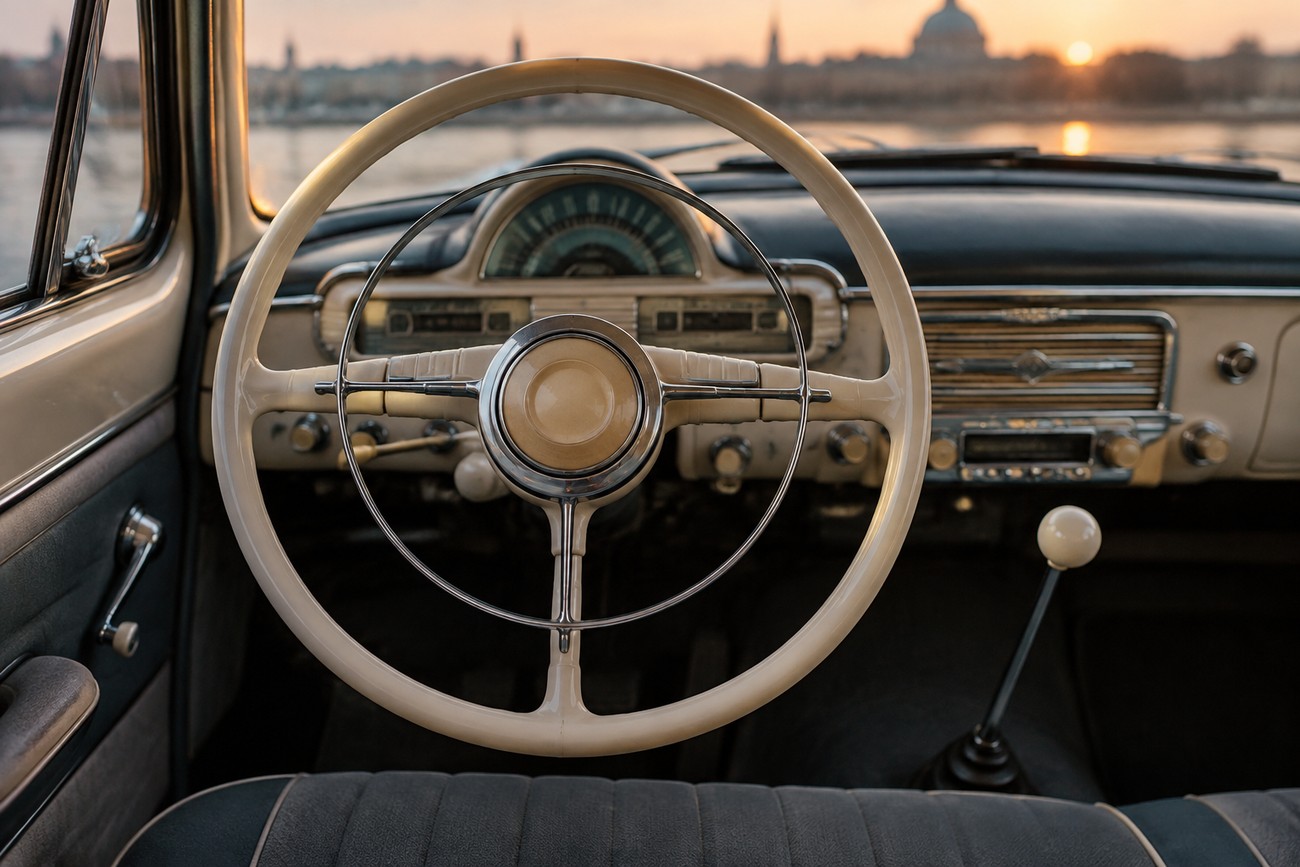 Vintage ivory steering wheel and dashboard of a classic GAZ-21 Volga with a sunset cityscape view through the windshield