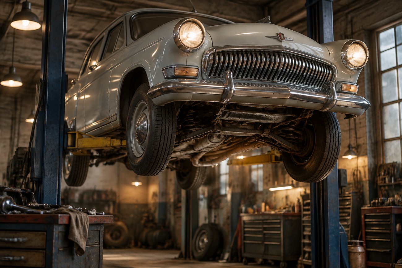A vintage GAZ-21 Volga car lifted on a hydraulic hoist inside a retro auto repair workshop