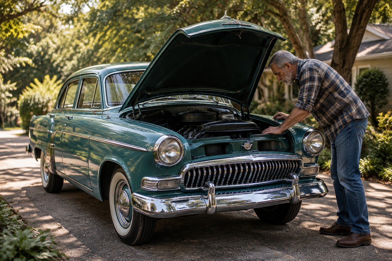 An older man in a plaid shirt and jeans inspecting the open engine bay of a classic teal GAZ-21 Volga car parked on a sunny driveway