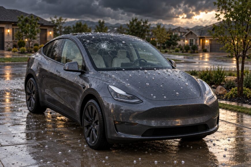 Dark gray Tesla Model Y with hailstones on the body and a severely cracked glass roof parked in a driveway after a storm