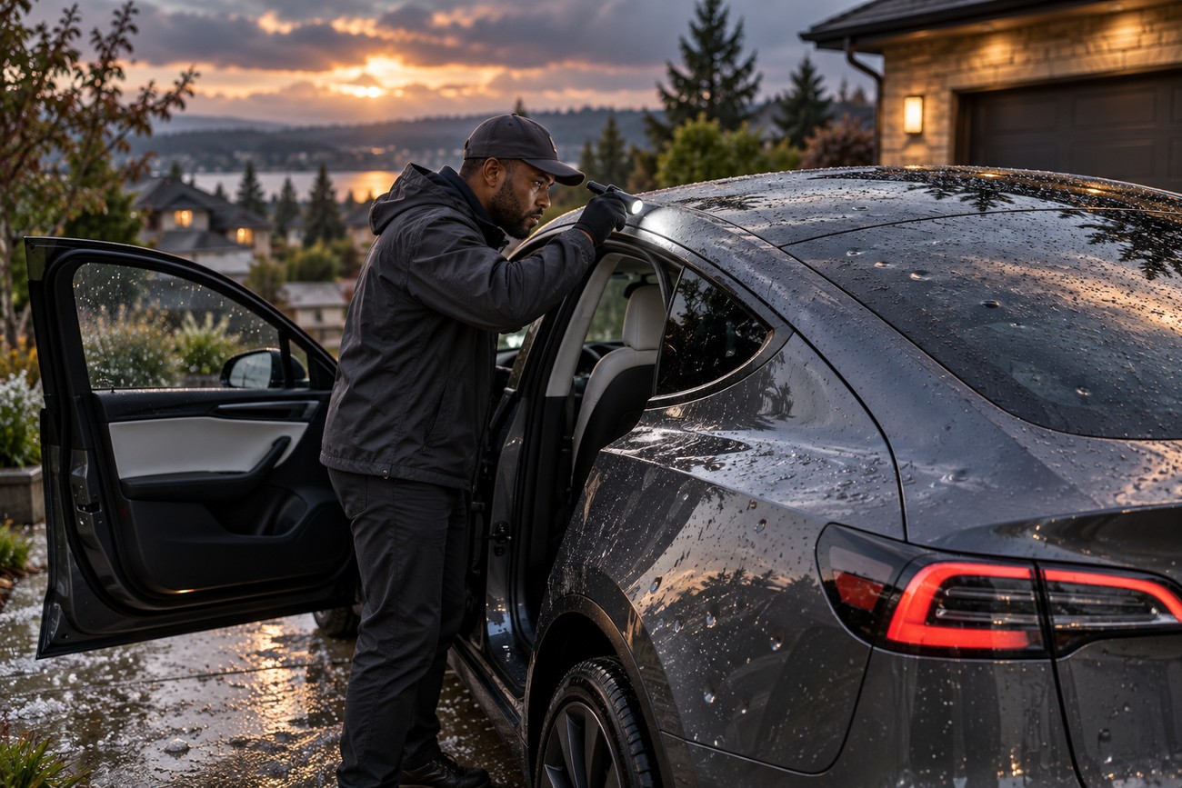 An inspector examining hail dents on the wet glass roof of a dark Tesla Model Y with a flashlight