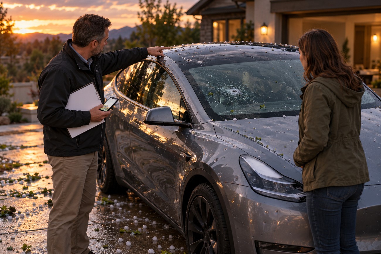 An insurance adjuster points at the shattered glass roof and dented body of a gray Tesla Model Y covered in hail while the owner looks on