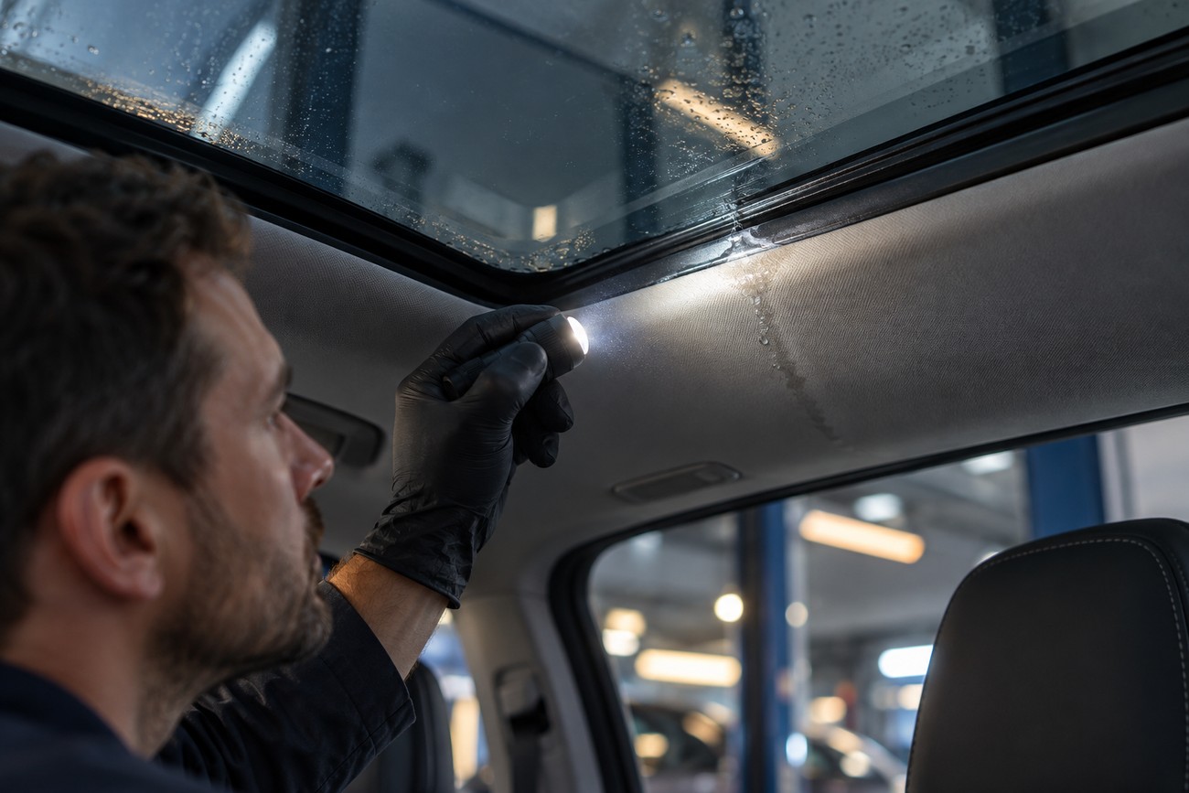 Mechanic wearing black gloves inspecting the glass roof and headliner of a Tesla Model Y with a flashlight