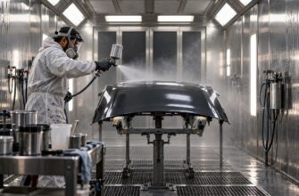 An industrial painter wearing a respirator and protective suit applies a spray coat to a car hood inside a spray booth