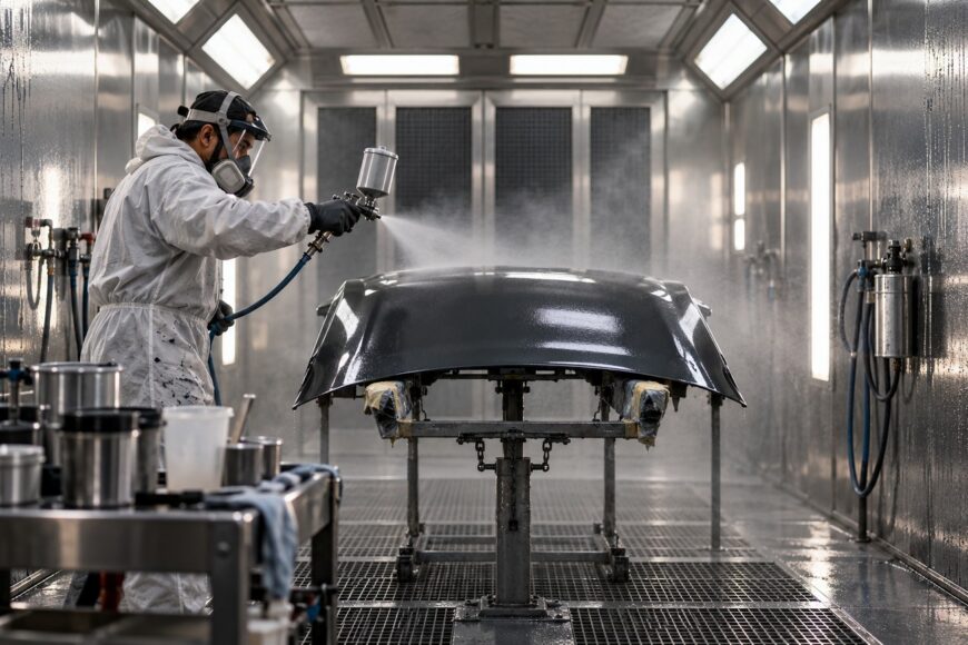 An industrial painter wearing a respirator and protective suit applies a spray coat to a car hood inside a spray booth