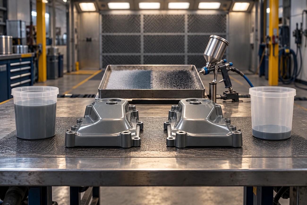 Two painted metal parts and paint containers on a metal workbench with a spray gun in an industrial facility