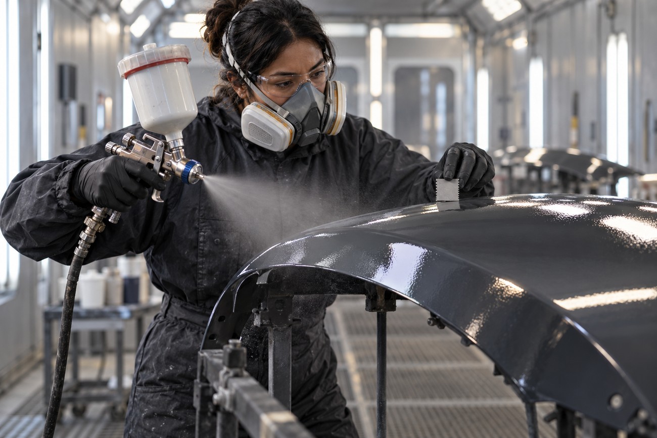 A female industrial painter wearing safety glasses and a respirator mask applies dark paint to a car part using a spray gun