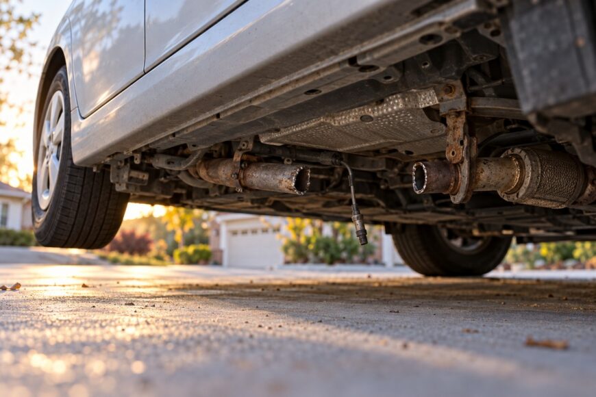 Undercarriage view of a silver Toyota Prius showing freshly cut exhaust pipes where the catalytic converter was stolen