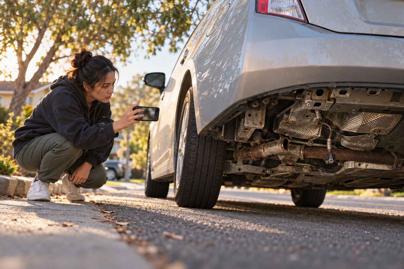 A woman squatting by her silver car outdoors and taking a photo of the damaged undercarriage with her phone