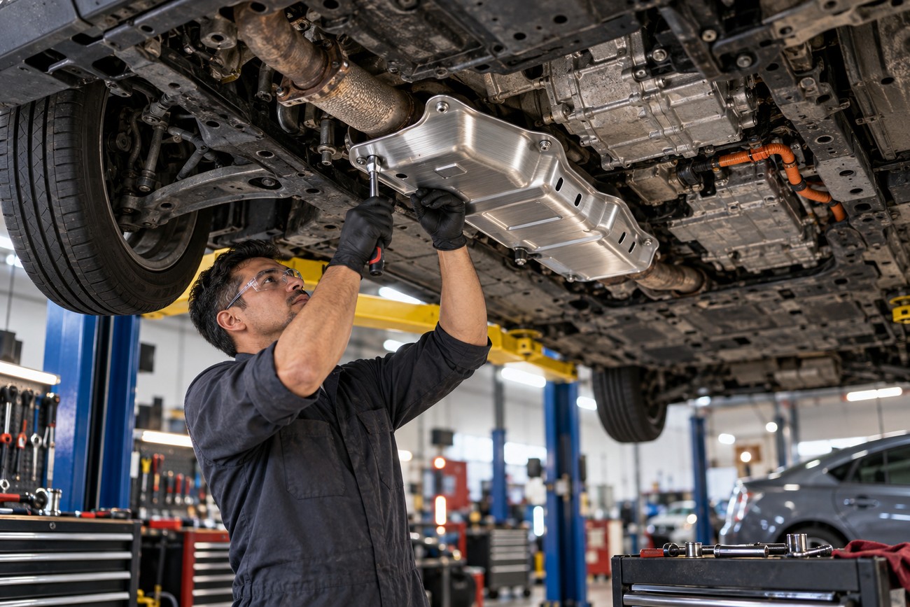 A mechanic wearing safety glasses uses a ratchet to install a catalytic converter shield under a lifted car in a repair shop