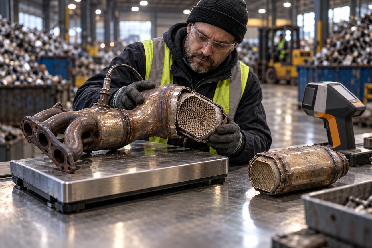 A worker in a safety vest inspects a cut catalytic converter on a metal table in a scrapyard