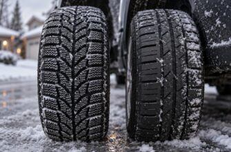 Close-up view of two winter car tires with detailed siping patterns parked on a snowy suburban street