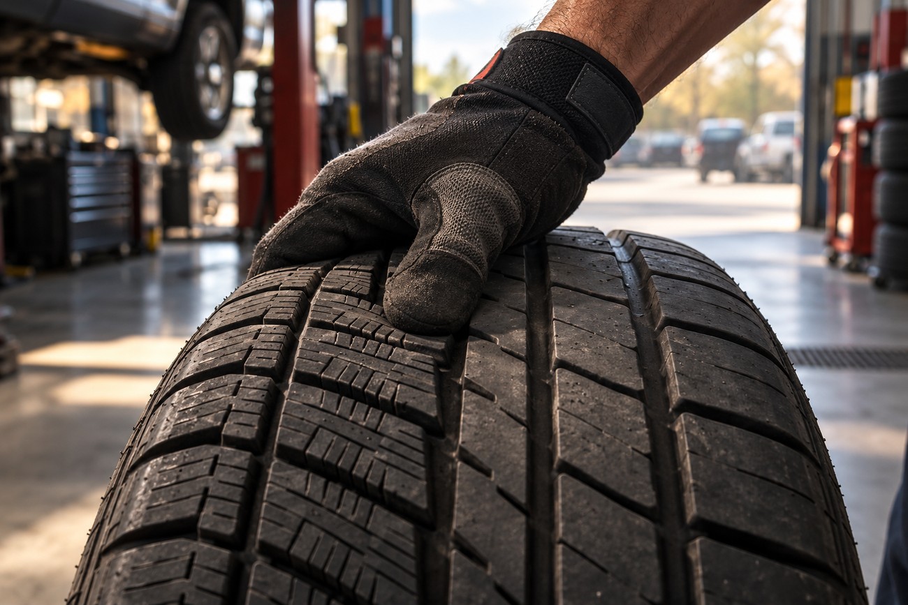 Mechanic in a work glove inspecting the siping pattern on a winter tire inside a garage